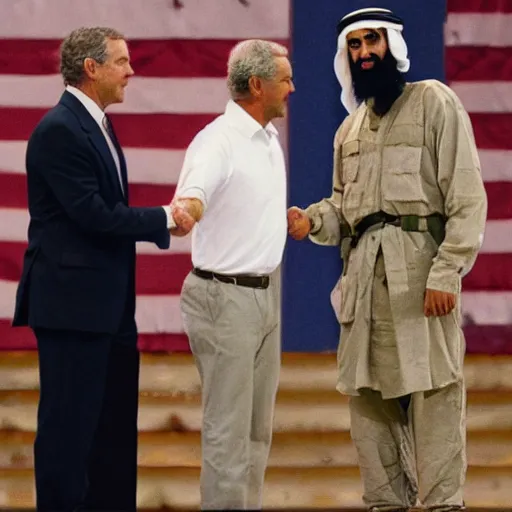 Image similar to george w bush shaking hands with osama bin laden, 8k cinematic lighting, very sharp detail, anatomically correct