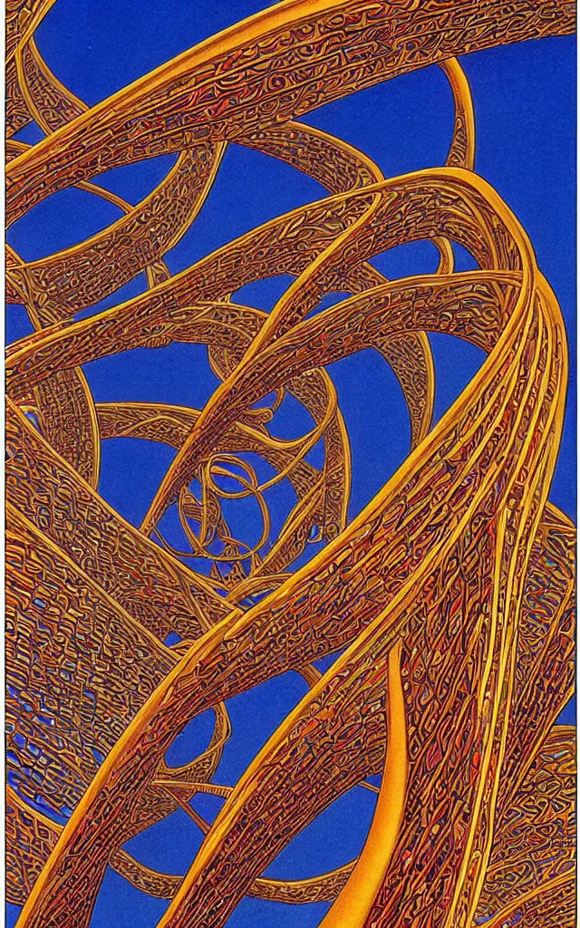 Image similar to double helix. retro art by jean giraud.