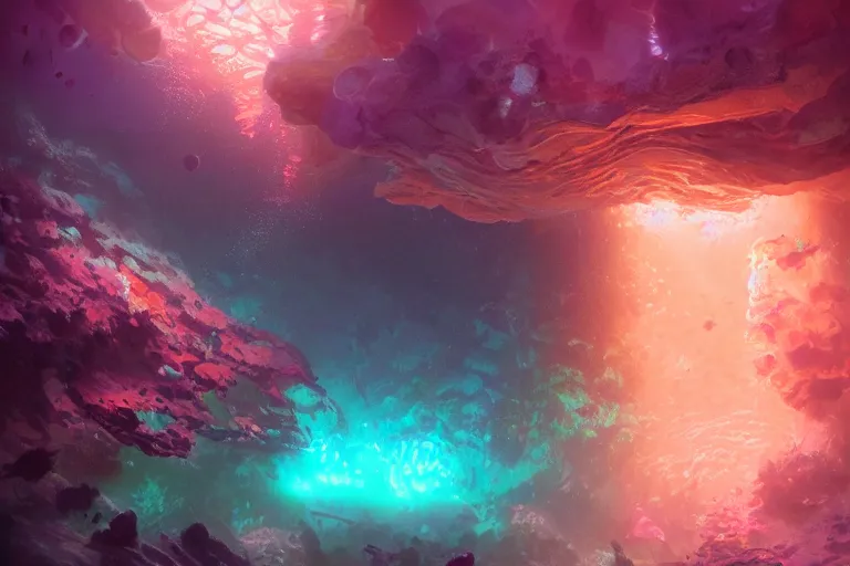 Image similar to beautiful coral crystals, distinct pink orange purple colors, underwater crystal caverns, concept art, beautiful lights, d & d, fantasy, highly detailed, masterpiece, volumetric lighting, digital painting, artstation, smooth, sharp focus, illustration, art by artgerm, by greg rutkowski