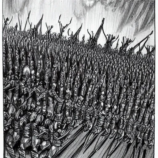 Image similar to pencil illustration. a billion psykers lined up to be sacrificed to the emperor.