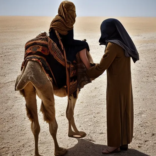 Prompt: anna forsterling and saul bromberger, yulia nevskaya, pulitzer winning, photorealistic, bokeh, fine details, aesthetic / woman wear burqa ride camel and handling gun in shaaran