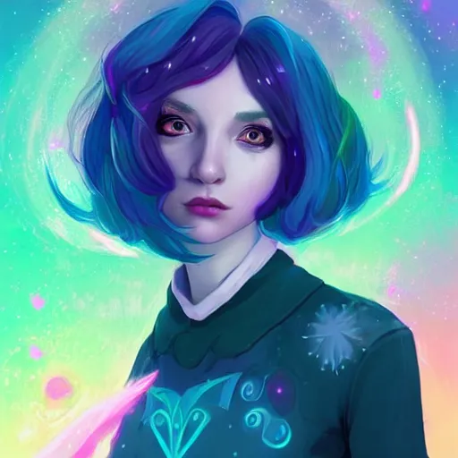 Image similar to a nonbinary changeling wearing a starry cloak, aurora colored hair, starry eyes, curious expression, character art, full body art, people watching, trending on artstation, artgerm, 4k ultra hd, sharp focus, digital art by Ilya Kuvshinov and Ross Tran,