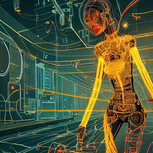 Prompt: a beautiful body of a bot fighter pilot woman mostly made of wires and electronic circuits led luminous, an ultrafine detailed illustration by james jean, final fantasy, intricate linework, bright colors, behance contest winner, vanitas, angular, altermodern, unreal engine 5 highly rendered, global illumination, radiant light, detailed and intricate environment