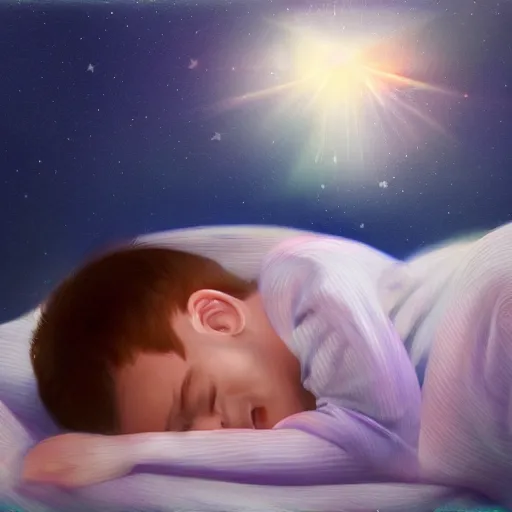 Image similar to A wide shot of a child asleep in bed, their dream hovering over their head like a hologram, beautiful digital painting