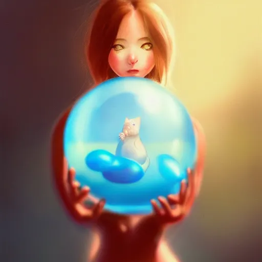 Image similar to cinematic portrait of cute Mew holding onto large blue bubble, oil on canvas, masterpiece, trending on artstation, featured on pixiv, cinematic composition, dramatic pose, beautiful lighting, sharp, details, hyper-detailed, HD, HDR, 4K, 8K