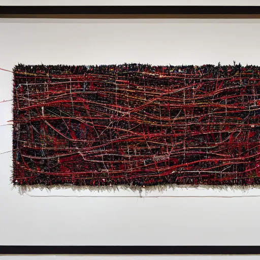 Image similar to an abstract painting of thread of love by el anatsui