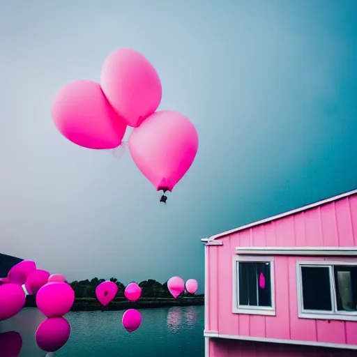 Image similar to a 5 0 mm lens photograph of a cute pink floating modern house, floating in the air between clouds, inspired by the movie up, held up from above by heart ballons. mist, playful composition canon, nikon, award winning, photo of the year