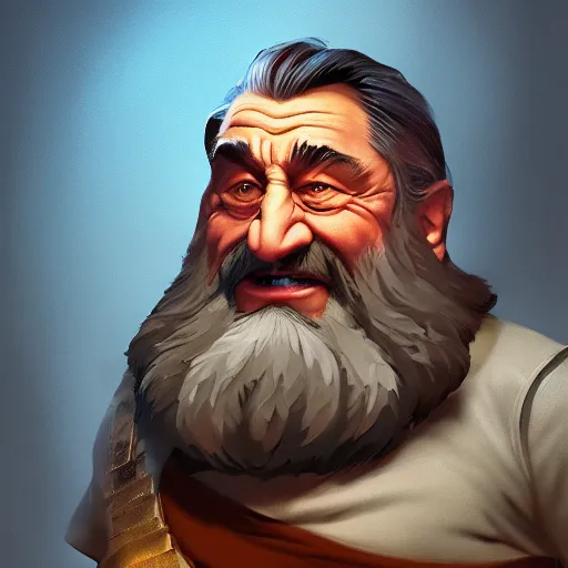 Image similar to upper body illustration of robert de niro as a dwarf warrior, long beard, mattepainting concept blizzard pixar maya engine on stylized background splash comics global illumination lighting artstation, sharp focus, lois van baarle, ilya kuvshinov, rossdraws