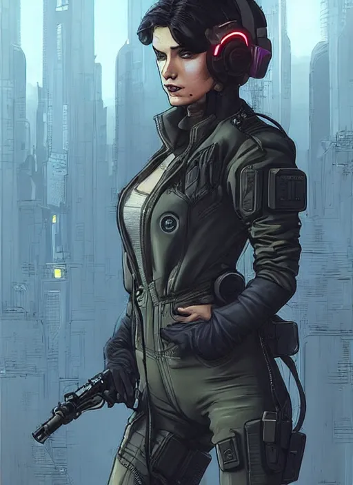 Prompt: Beautiful Maria. Gorgeous female cyberpunk assassin wearing a cyberpunk headset, military vest, and tactical jumpsuit. gorgeous face. Realistic Proportions. Concept art by James Gurney and Laurie Greasley. Moody Industrial skyline. ArtstationHQ. Creative character design for cyberpunk 2077.