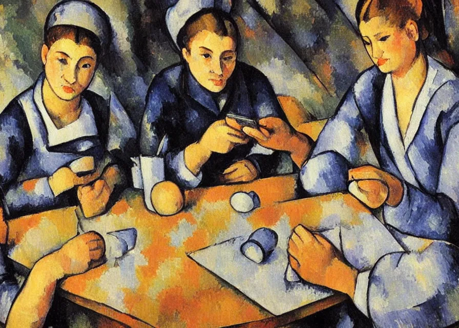 Image similar to in the style of paul cezanne. jouers des cartes. two beautiful girls with modern clothing sitting at a wooden table in a bar looking at their phones. there is a bright red lamp hangig above the table. milkshakes. dim light. a flatscreen tv in background.