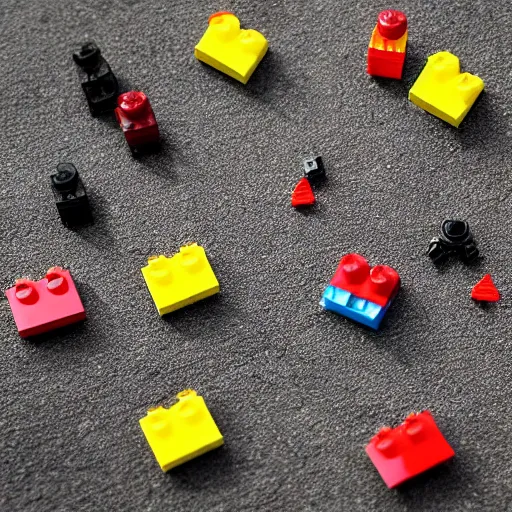 Prompt: parts of dismembered lego minifigures scattered along table, blood leaks from the body parts