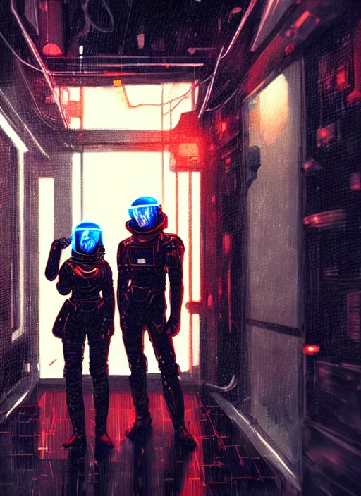 Prompt: cyberpunk warrior couple in space helmets , raining, in an alien alley at night back lit, by webang111 and Maciej Kuciara and Ilya Kuvshinov, trending on artstation