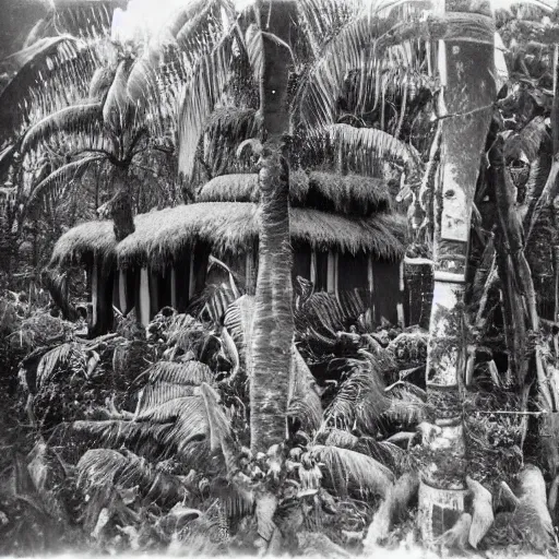 Image similar to lost film footage of a sacred indigenous artifact in the middle of the ( ( ( ( ( ( ( ( ( ( tropical jungle ) ) ) ) ) ) ) ) ) ) / ethnographic object / film still / cinematic / enhanced / 1 9 0 0 s / black and white / grain