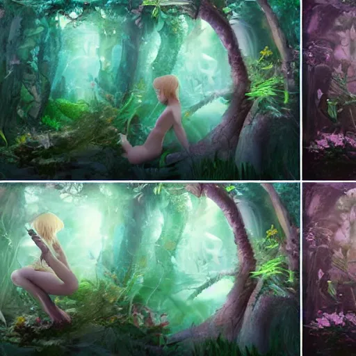 Image similar to forest nymph rising from the water. fantasy rpg concept art. pink pixie dust, enchanted fireflies, starlight, and enchanted dreams. view from behind, wide angle view, back view. digital art. trending on artstation.