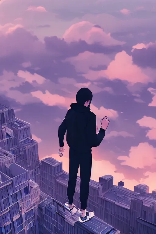 Prompt: Man in black adidas tracksuit looking atop of a urban plateau filled with soviet apartment buildings, golden hour, dreamy, beautiful clouds, ultra detailed, beautiful lighting, windy, 8k, wallpaper, cityscape, beautiful artwork by Makoto Shinkai