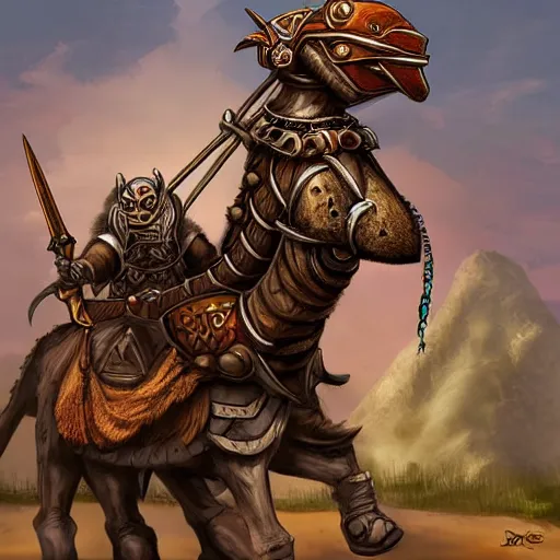 Prompt: Gnoll, metal armor, lance, riding a camel, D&D, fantasy, digital art