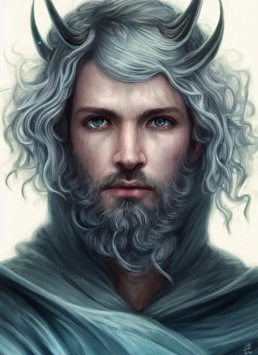 Image similar to Portrait of hexblade warlock aasimar, white glowing eyes, silver shaggy hair, short scruffy beard, cloak, teal ethereal tendril wings, male, fantasy, extremely detailed, digital painting, artstation, concept art, smooth, sharp focus, illustration, stunning lighting, art by artgerm and greg rutkowski and alphonse mucha and simon stalenhag, realistic character concept, high fantasy, light atmosphere, golden ratio, cinematic lighting, hyperdetailed, high resolution, insanely detailed and intricate, artstation, Marc Simonetti, Greg Rutkowski
