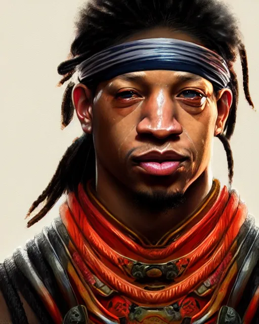 Prompt: face portrait of young allen iverson as a muscular ronin samurai, wearing a haori, by wlop and peter mohrbacher, dramatic action pose, extremely detailed shading, concept art, digital painting, trending on artstation, unreal engine 5, octane render, atmosphere, glow, cinematic lighting, full of color