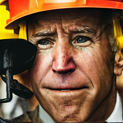 Image similar to Joe Biden as a roughneck oil field worker, high detail, portrait, close up, dirty, hard hat, oil, grit