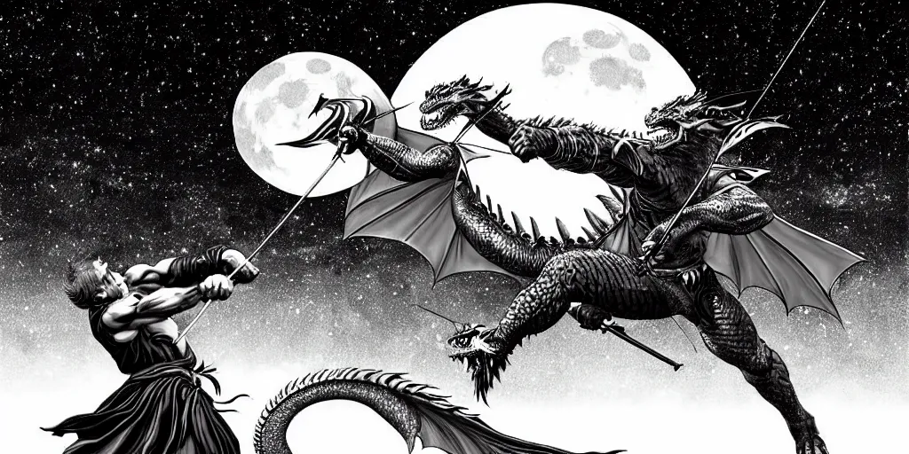 Image similar to archer. dragon. night sky. moon. mountain. dark fantasy. epic fight. detailed. digital art. black and white. by kentaro miura