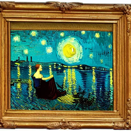 Prompt: Victorian woman singing quietly by a sacred lake at night, bright fire flies, big moon, stars, painted by Vincent van Gogh, Jacques-Louis David detailed