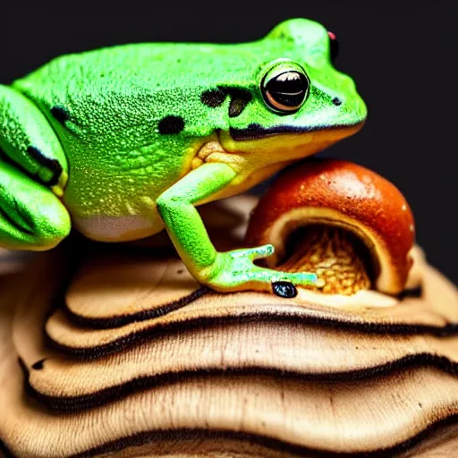Prompt: a tiny frog sitting on a mushroom wearing a hat, professional closeup photo