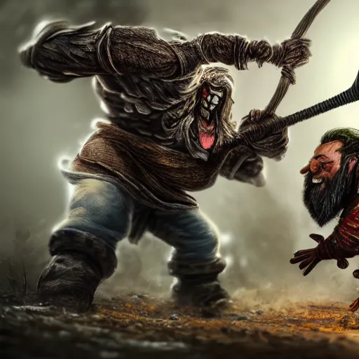 Prompt: photorealistic hyper detailed rendering of a dwarf attacking a giant spider with a pick-axe