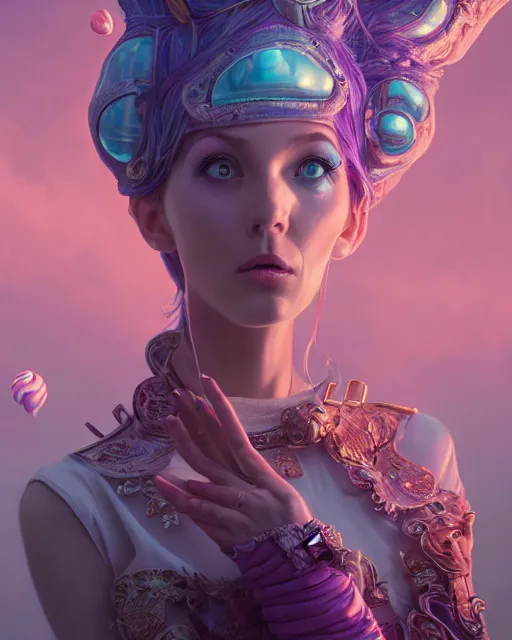 Image similar to highly detailed surreal vfx portrait of a female candypunk mage in a majestic castle by golden tree, stephen bliss, unreal engine, greg rutkowski, loish, rhads, beeple, makoto shinkai and lois van baarle, ilya kuvshinov, rossdraws, tom bagshaw, alphonse mucha, global illumination, detailed and intricate environment