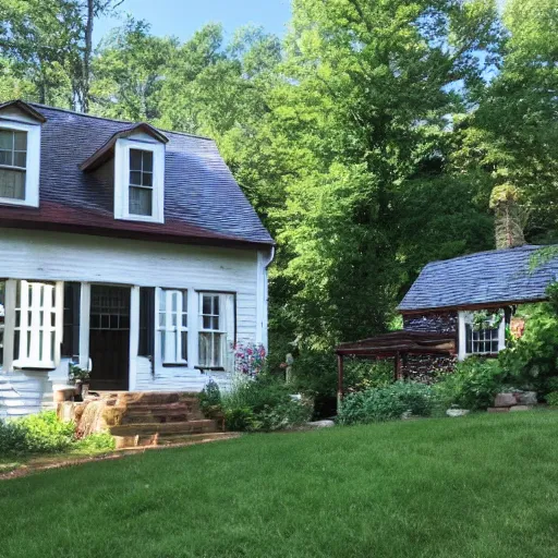 Image similar to a cute and quaint cobblestone cottage in the foothills of the blue ridge mountains with a lush vegetable garden in the front yard