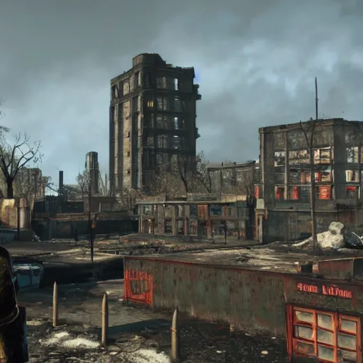 Prompt: Edinburgh in ruins post nuclear war, Fallout 4, in game screenshot