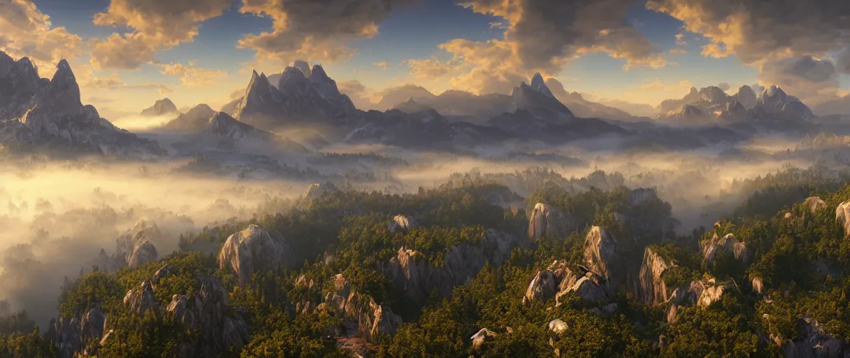 Image similar to a photorealistic breathtaking aerial view of the eastern alps mountain range at sunrise, cliffs, fog, hyperrealism, highly detailed, intricate, cinematic, symmetrical and centered, front facing camera, cinematic, epic lighting, octane nvidia omniverse render in 4 k by frederic church, albert bierstadt