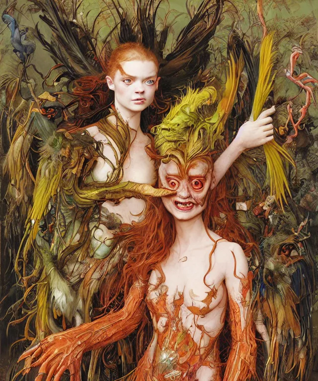 Prompt: a portrait photograph of a mutated harpy super villian with slimy skin and feathers. she looks like sadie sink and is trying on a colorful infected bulbous shiny organic catsuit. by donato giancola, hans holbein, walton ford, gaston bussiere, peter mohrbacher and brian froud. 8 k, cgsociety, fashion editorial