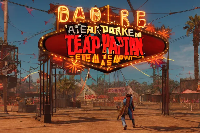 Image similar to 3d sculpt of an arched sign for a circus called 'the dark metal carnival', red dead redemption2, las vegas, artstaton, digital illustration