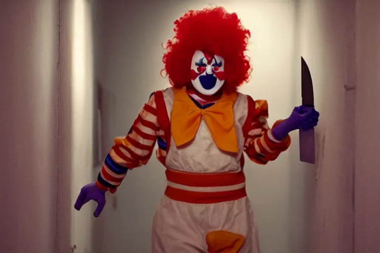 Image similar to cute clown cosplayer holding knife in porcelain hallway, in 2 0 5 5, y 2 k cybercore, low - light photography, bathed in the glow of a crt monitor, still from a ridley scott movie