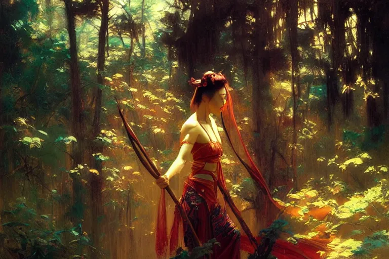 Prompt: wuxia, forest, neon light, painting by gaston bussiere, craig mullins, j. c. leyendecker