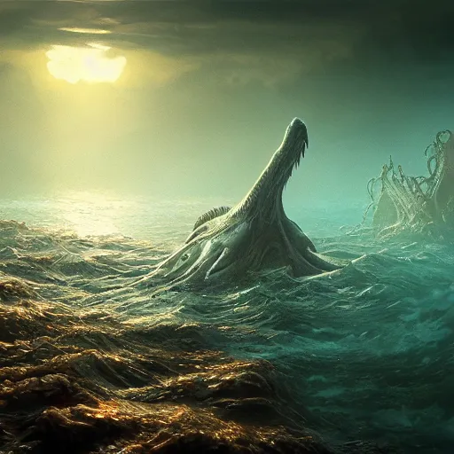 Image similar to sea beast of the depths in the style of michael whelan and h. p. lovecraft. hyperdetailed photorealism by greg rutkowski. 1 0 8 megapixels, 3 d finalrender, cinematic lighting.