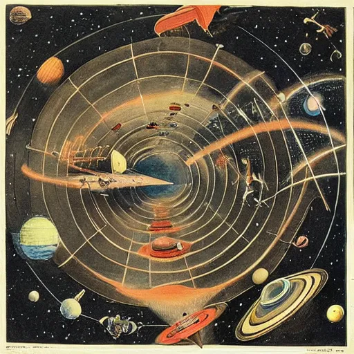 Prompt: spaceship convoy leaving the solar system through a wormhole, illustrated, artwork by Maria Sibylla Merian