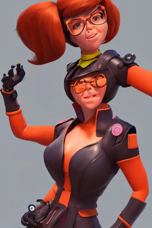 Image similar to Velma from Scooby Doo, overwatch character art, 3D model,