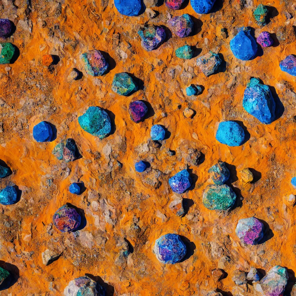 Image similar to bismuth boulders, orange sand desert with colorful pools of bright milky paint, birds eye view