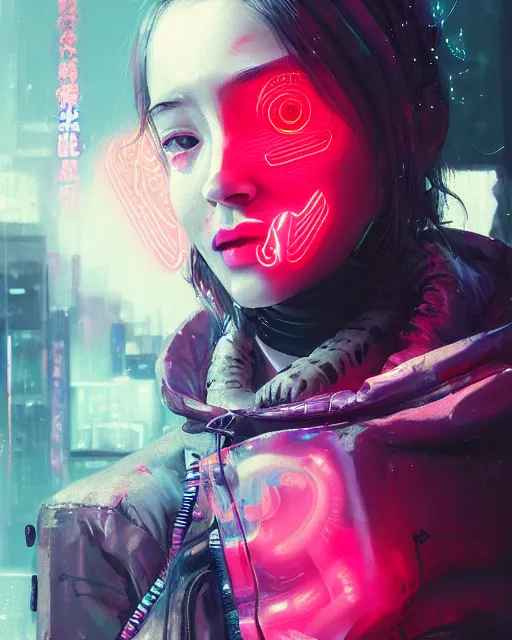 Image similar to detailed portrait Neon Operator Girl, cyberpunk futuristic neon, reflective puffy coat, decorated with traditional Japanese ornaments by Ismail inceoglu dragan bibin hans thoma greg rutkowski Alexandros Pyromallis Nekro Rene Maritte Illustrated, Perfect face, fine details, realistic shaded, fine-face, pretty face