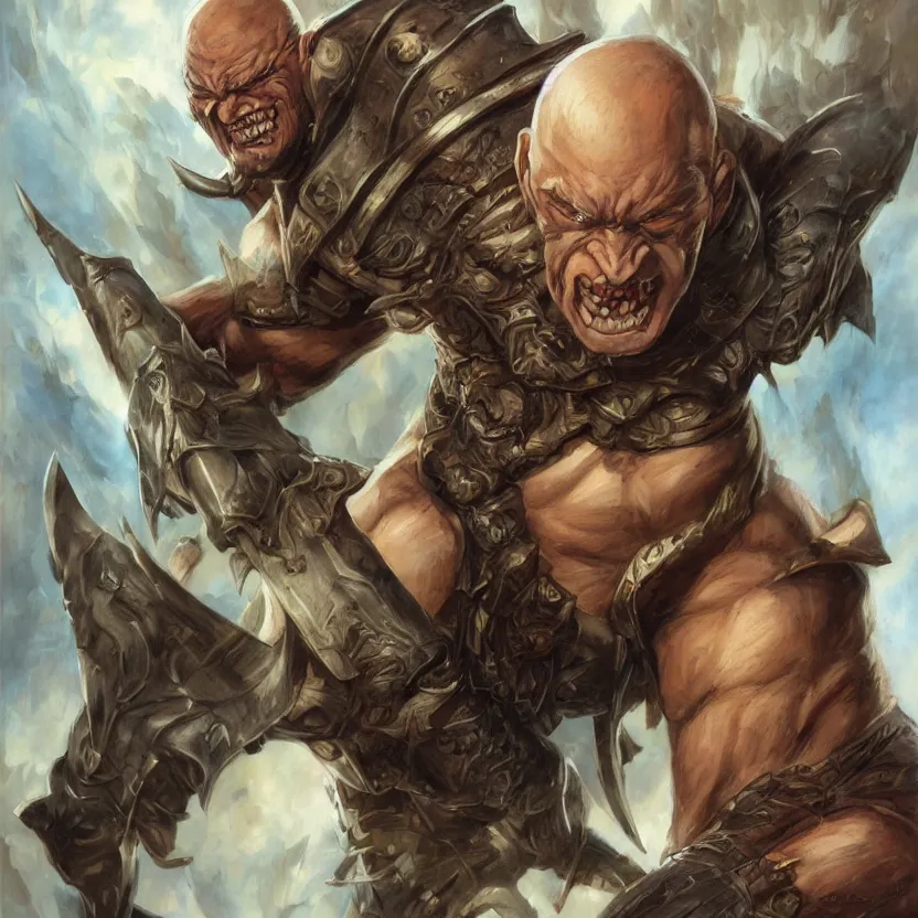 Prompt: a fantasy comic book style portrait painting of a bald half - orc male warrior, art by artgerm, boris vallejo, karol bak, mark brooks, donato giancola, bayard wu, 4 k, hires, focus