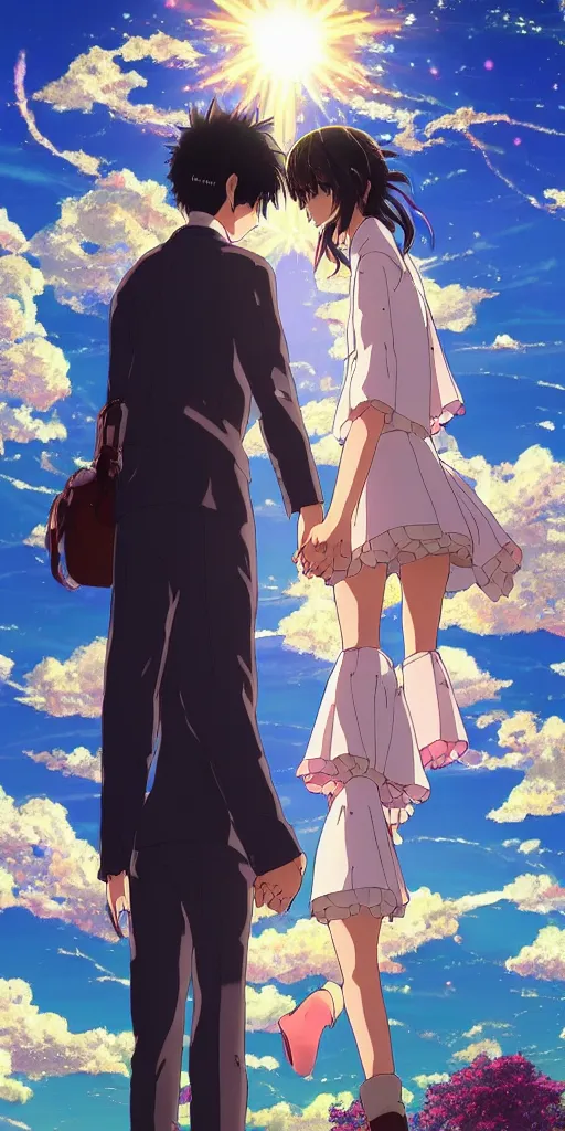 Prompt: a man and a woman holding hands under a beautiful sun drawn like the anime Your Name anime, intricate, psychedelic,