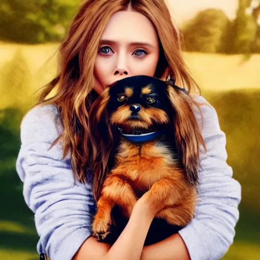 Image similar to Elizabeth Olsen holding a dog in her hands, photorealistic, 4k, 8k, trending on artstation