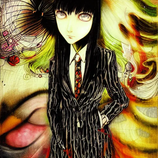 Prompt: yoshitaka amano realistic illustration of a sinister anime girl with black eyes and long wavy white hair wearing dress suit with tie and surrounded by abstract junji ito style patterns in the background, blurry and dreamy illustration, noisy film grain effect, highly detailed, oil painting with expressive brush strokes, weird portrait angle