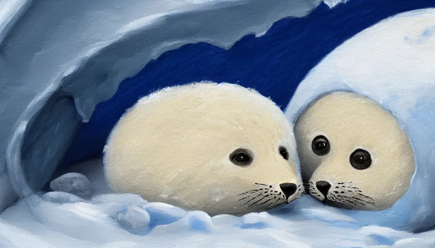 Prompt: highly detailed painting of cute furry white baby seals cuddled up in an igloo by william turner, thick brush strokes and visible paint layers, 4 k resolution, blue and white colour scheme