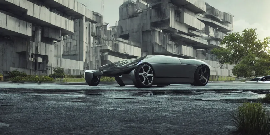 Image similar to highly detailed futuristic car, on the background brutalist architecture by Le Corbusier, abandoned buildings, empty streetscapes, surrounded by lush green vegetation, ground-level view, puddles of water, stunning volumetric lighting, sunset, trending on Artstation, 8k, photorealistic, hyper detailed, unreal engine 5, cinematic, epic lighting, cryengine, octane render, cyberpunk, red and orange glow, dark, gloomy