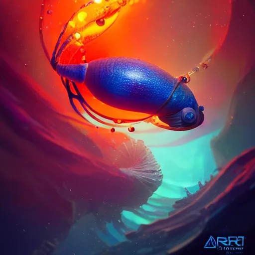 Image similar to beautiful colorful snail fish frog sea-star ant, magic of fire and magic of ice. occult cyberpunk, ancient futuristic, dark art, occult. by Petros Afshar, by artgerm, by Eddie Mendoza, by Peter mohrbacher, octane render, 3d, unreal engine, depth of field, bokeh, motion blur, blur