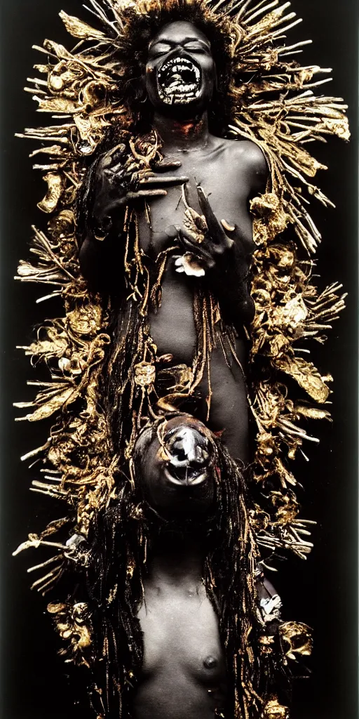 Prompt: award winning photo of sacred ritualistic black baby draped in shiny gold and puking blood, human sacrifice, death, frantic, rotten flesh, flowers, evil cult, mysticism, vivid colors, weird and disturbing, symmetrical face, neon lights, studio lighting, wide shot art by sally mann & arnold newman