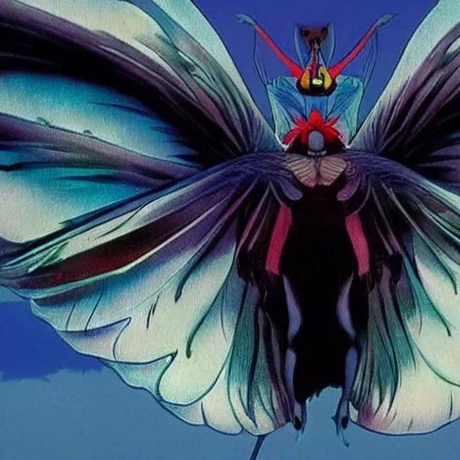 Image similar to 4K photo of mothman with giant wings , flawless anime cel animation by Manabu Oshashi and Satoshi Kon, professionally post-processed , beautiful, scary, symmetry accurate features, epic, octane rendered, anime masterpiece, accurate