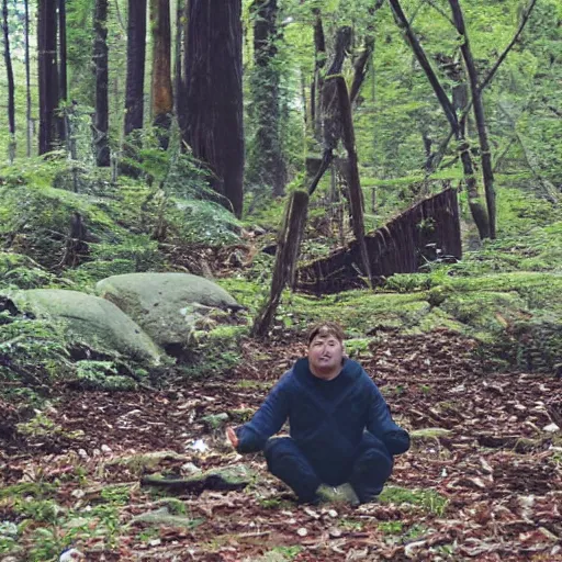 Image similar to chubby Steve Carell meditate in the Forest